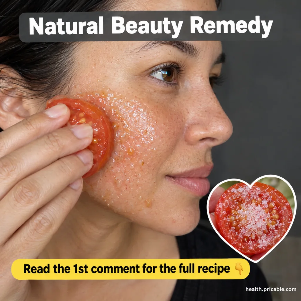 A woman gently scrubbing her cheek with a half-cut tomato coated in white sugar granules showing a natural skincare appl