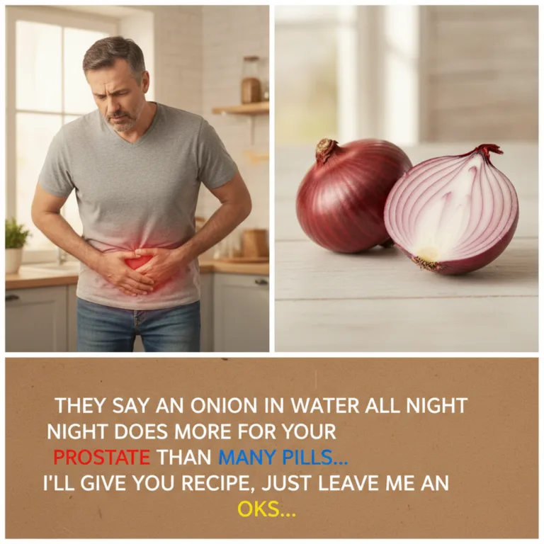 A glass of onion water with sliced onions beside a whole onion and an older man looking thoughtful in the background imp
