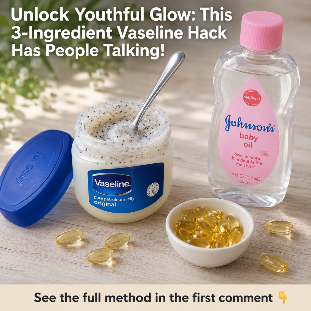 A flat lay composition showing a jar of Vaseline a bottle of baby oil and small yellow Vitamin E capsules on a light woo