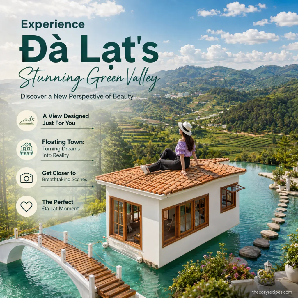 A beautiful elevated panoramic viewpoint at Floating Town in Da Lat Vietnam overlooking a lush green valley The viewpoin