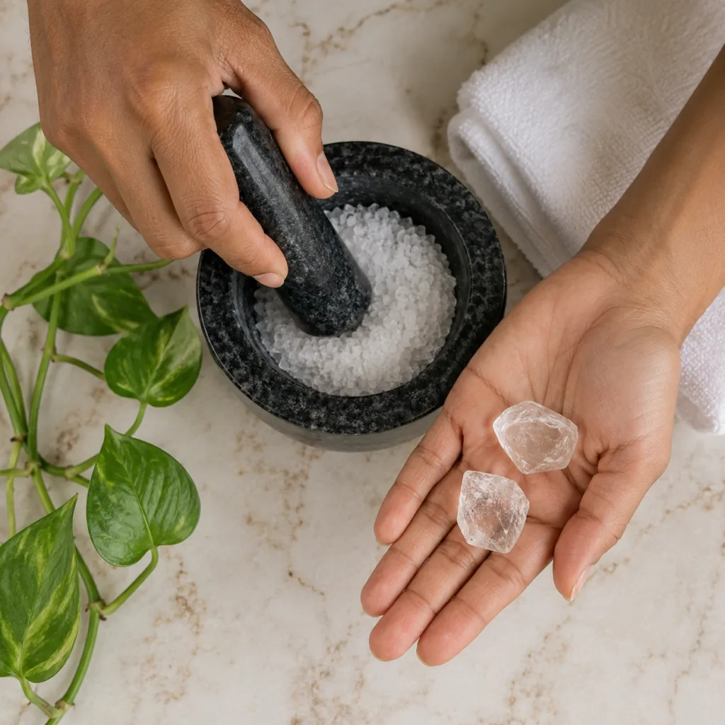 A close-up of hands using a traditional stone mortar and pestle to grind dried rose petals and oats into a fine powder T