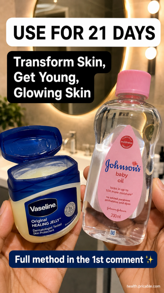 A woman gently applying a small amount of the baby oil and Vaseline mixture to her cheek looking into a mirror with soft