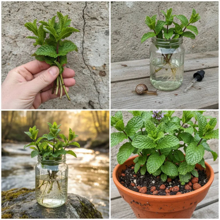 A close-up of fresh mint cuttings being rooted in water showing new roots emerging