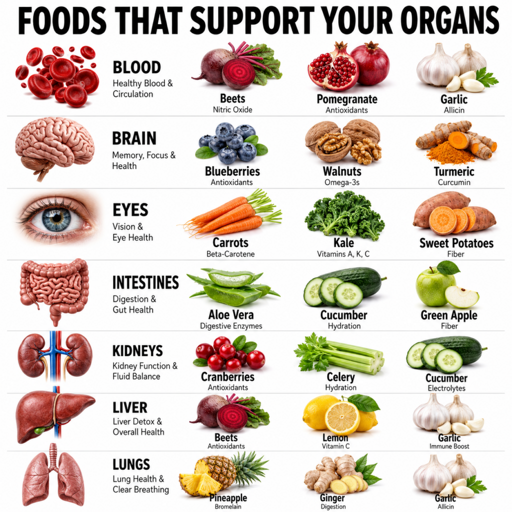 An infographic showing different organs and the specific foods that support them such as beets for blood blueberries for