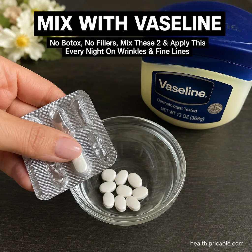 Ingredients for a DIY Vaseline and Vitamin E balm including a jar of petroleum jelly and several vitamin E capsules on a