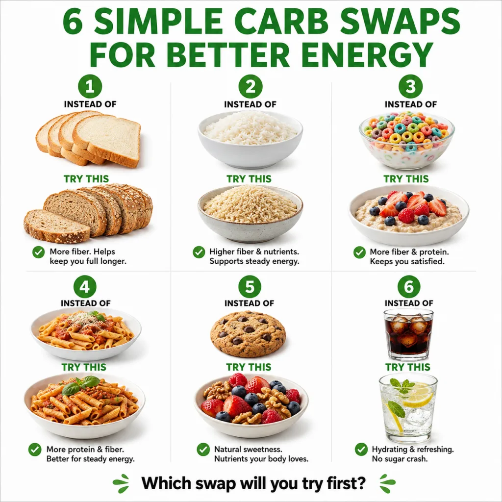 An infographic showing different carb swaps like oatmeal for refined grains whole-grain bread chickpea pasta and fruit w