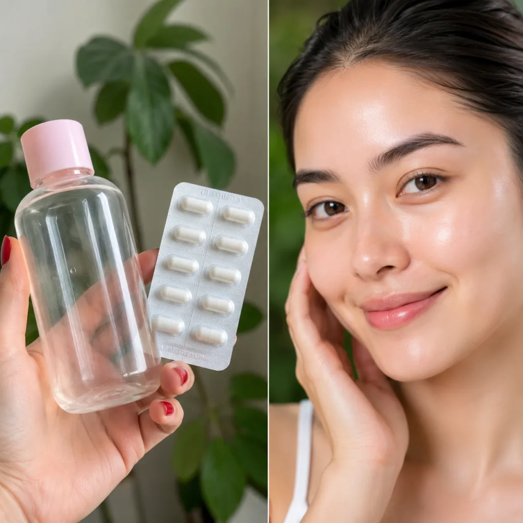 A close-up of a small glass bottle of baby oil next to a dropper bottle of vitamin E oil with a small bowl for mixing an