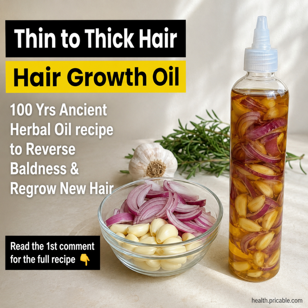 A collection of fresh garlic bulbs red onions and a bottle of clear carrier oil suggesting ingredients for a homemade he