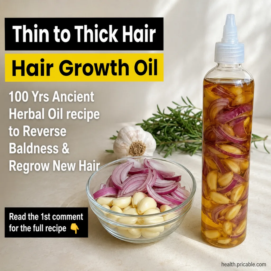 A collection of fresh garlic bulbs red onions and a bottle of clear carrier oil suggesting ingredients for a homemade he