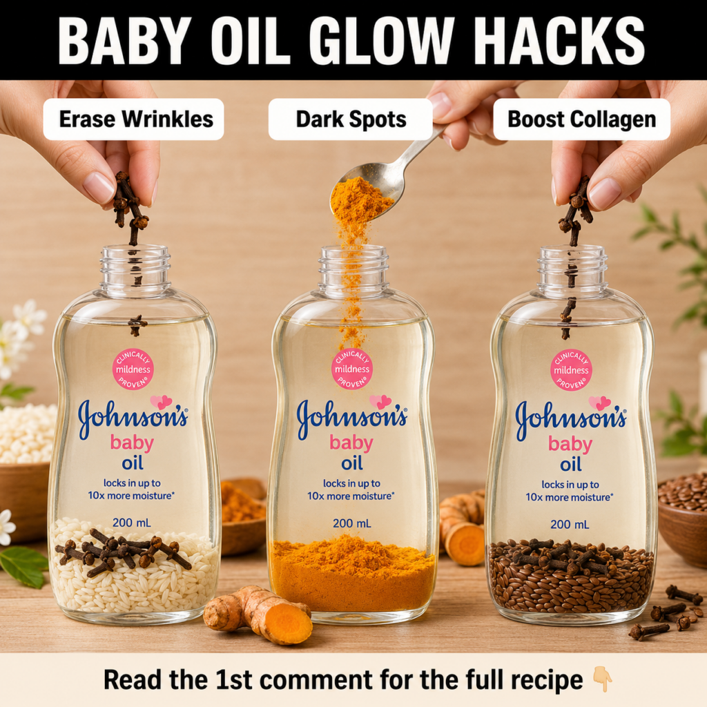 A clear glass bottle of baby oil next to small bowls containing rice turmeric powder and flax seeds representing natural