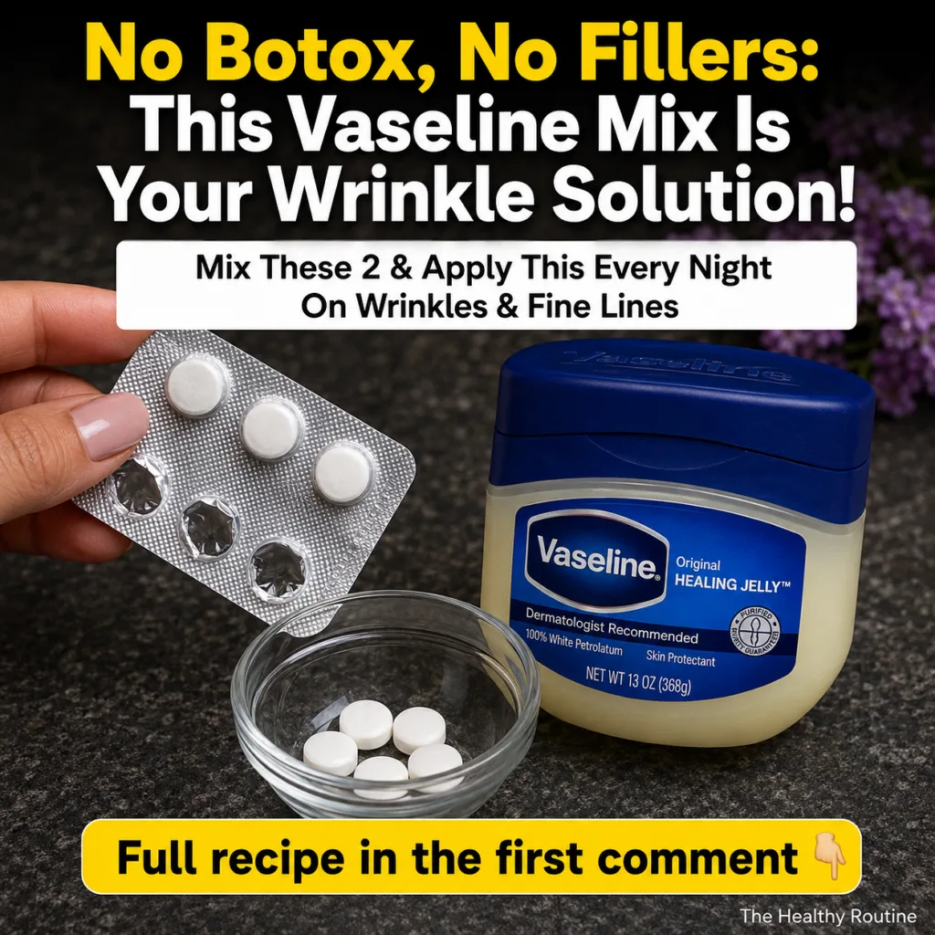 A small clear glass jar filled with a thick translucent Vaseline and Vitamin E balm with a single Vitamin E capsule next