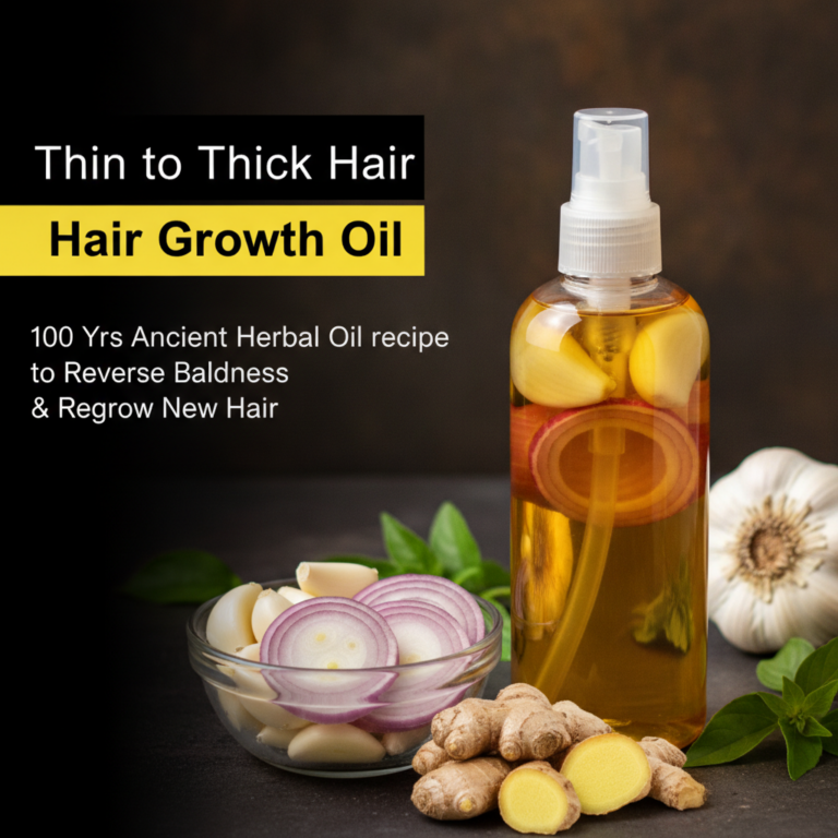 A beautiful overhead shot of various natural ingredients used in herbal hair oil including cloves of garlic sliced red o
