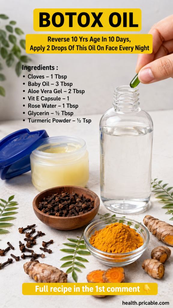 A small glass dropper bottle filled with a golden-hued facial oil with whole cloves and dried turmeric root visible arou