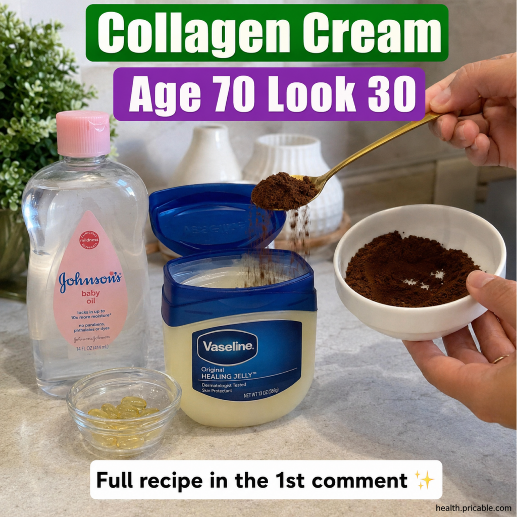 A small glass jar of homemade light-colored cream with a label Youthful Glow Cream on a rustic wooden surface surrounded