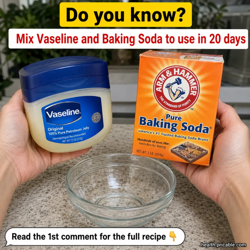 A small glass bowl with a creamy white paste made from Vaseline and baking soda next to a small container of Vaseline an