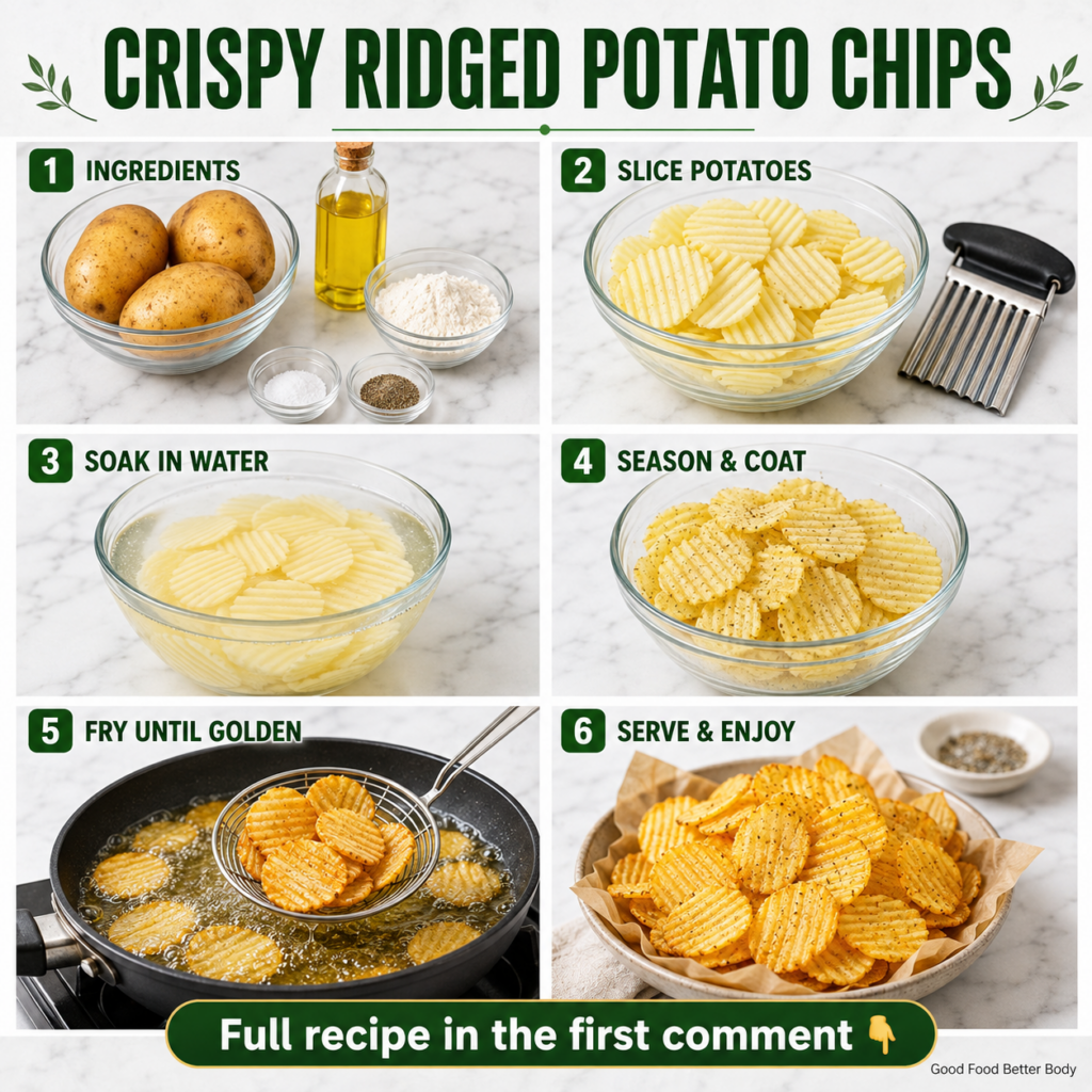 A bowl of golden crispy ridged potato chips lightly seasoned with salt and pepper with a subtle dusting of flour They ar