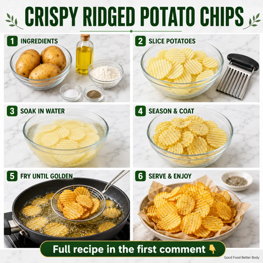 A bowl of golden crispy ridged potato chips lightly seasoned with salt and pepper with a subtle dusting of flour They ar