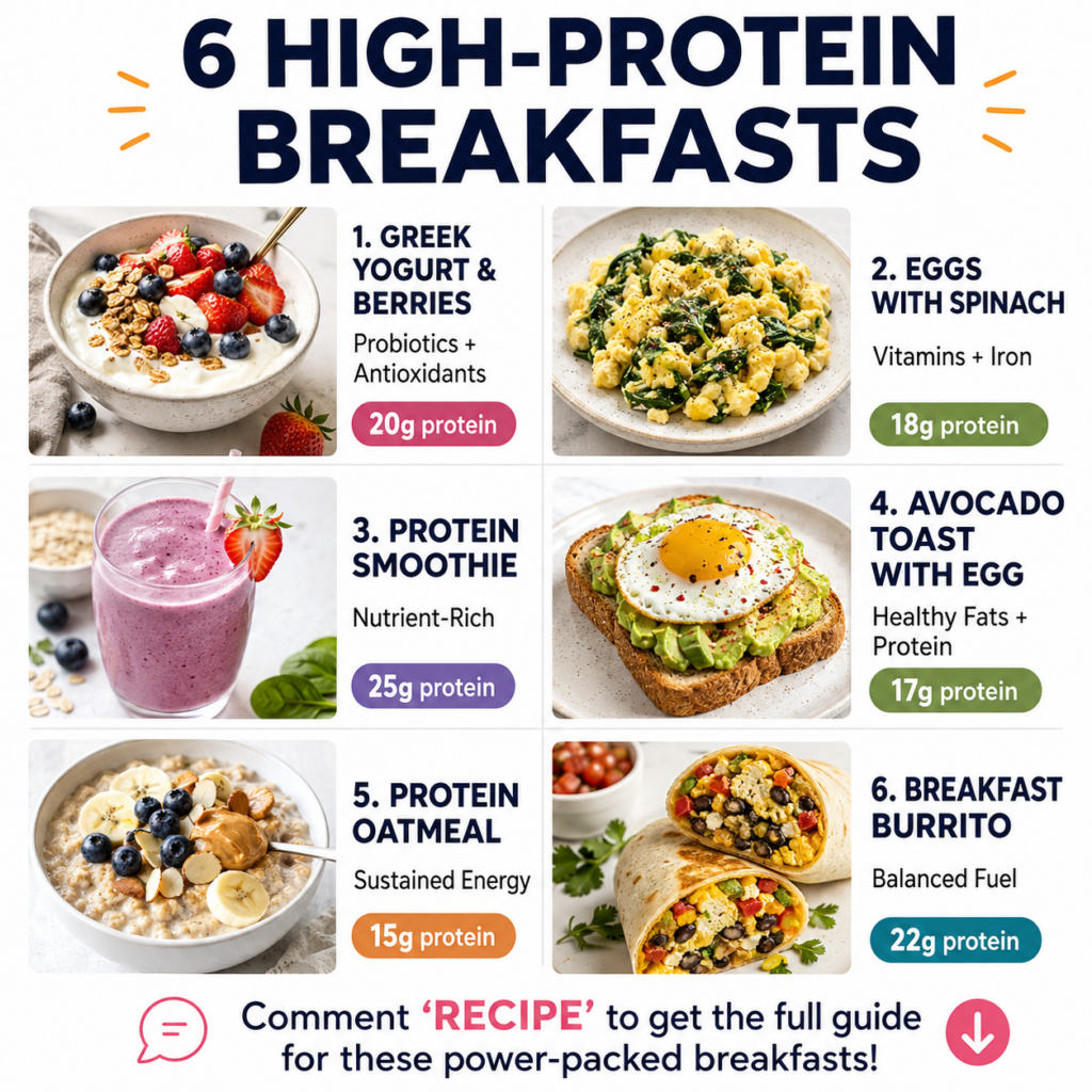 A vibrant balanced high-protein breakfast spread featuring various options like eggs Greek yogurt and berries shot from