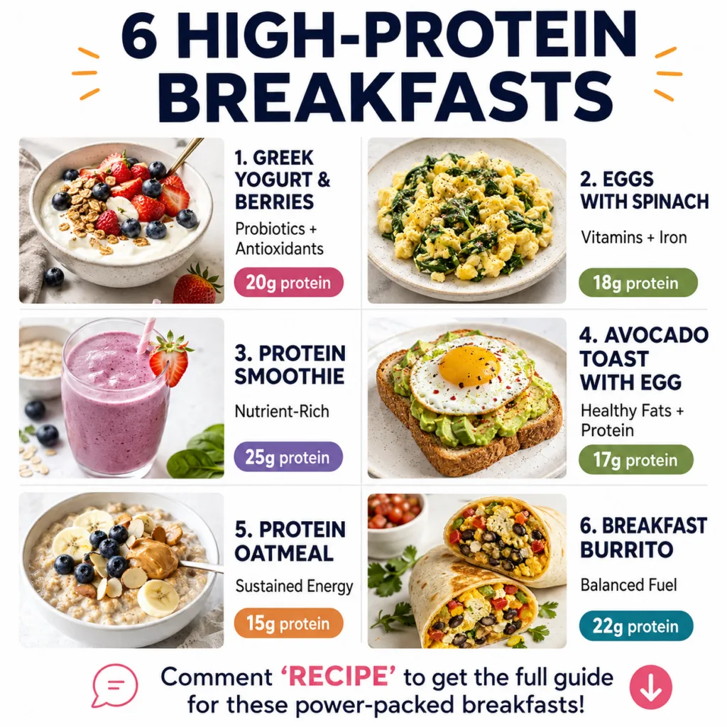 A vibrant balanced high-protein breakfast spread featuring various options like eggs Greek yogurt and berries shot from 