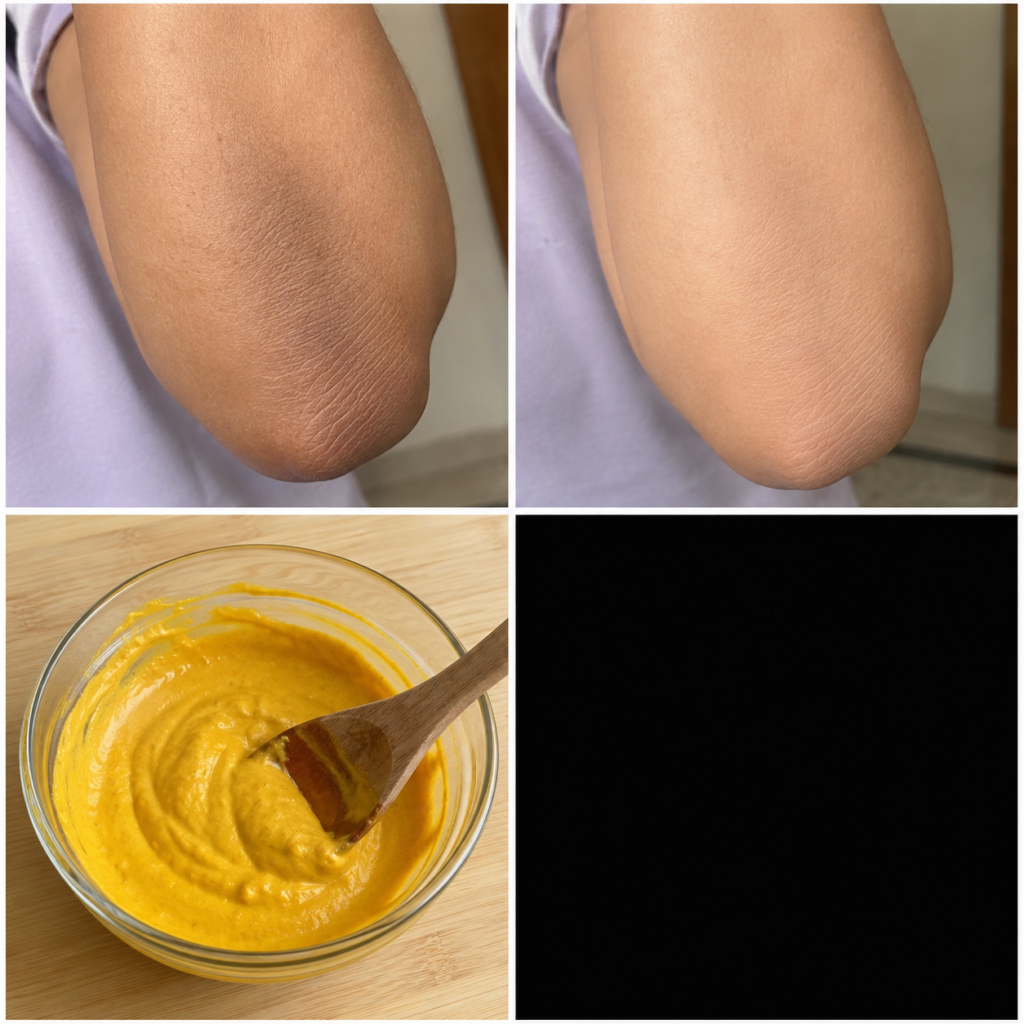 A close-up shot of a person applying a turmeric and yogurt paste to a dark elbow showing the creamy texture of the paste