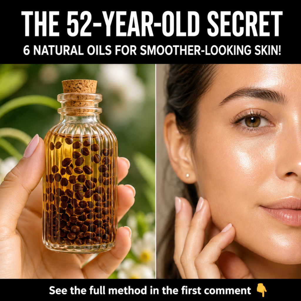 A vertical collage featuring natural elements a hand holding a glass bottle with oil and seeds and a woman with radiant 