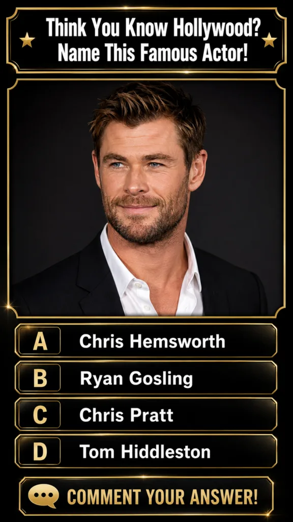 Chris Hemsworth in his Thor costume holding Mjolnir in a heroic pose