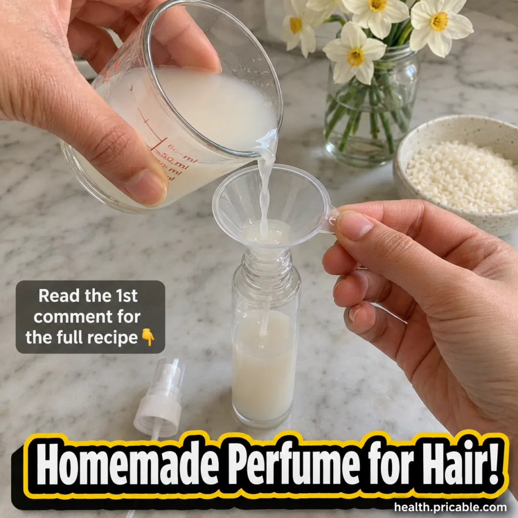 A beautiful close-up of a frosted glass spray bottle containing milky mist with toasted rice grains a vanilla bean and o