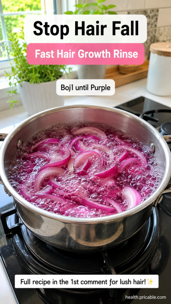 A close-up of sliced red onions simmering in a pot of water on a stove with steam gently rising