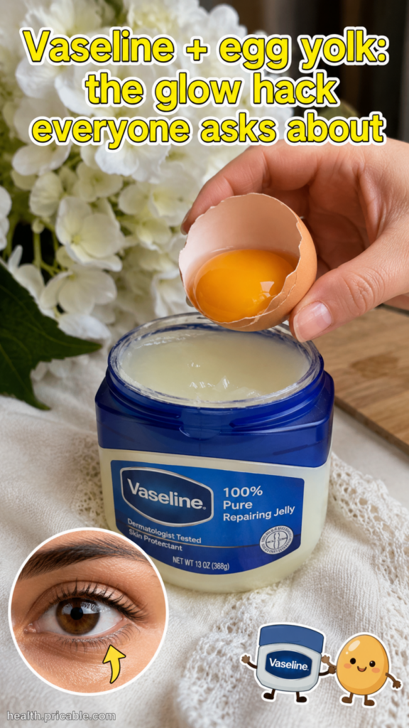 A hand holding a cracked eggshell with egg yolk about to drop into an open tub of Vaseline implying mixing ingredients f