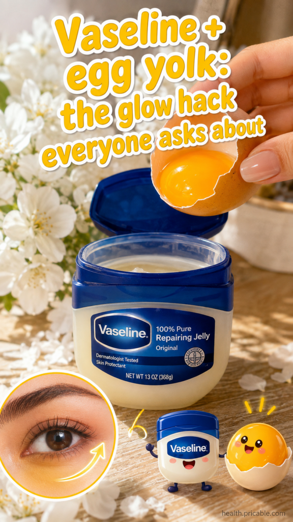 A hand holding a cracked egg with a vibrant yolk above an open tub of Vaseline with soft white flowers in the background