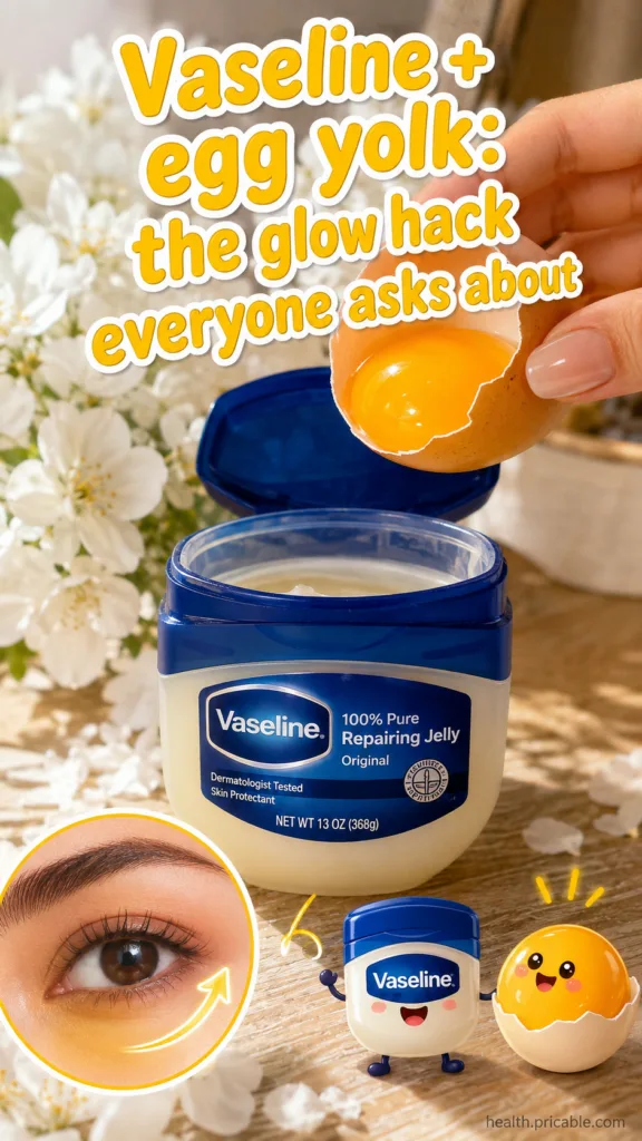 A hand holding a cracked egg with a vibrant yolk above an open tub of Vaseline with soft white flowers in the background