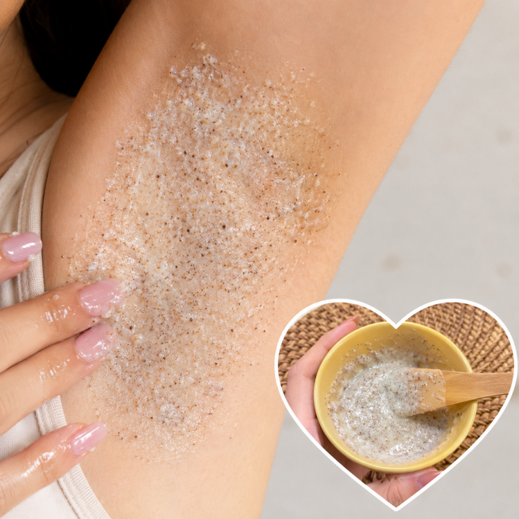 A natural beauty scrub for underarms showing its texture and ingredients