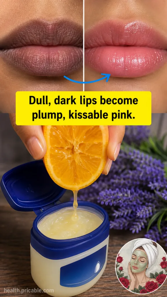 Before and after comparison of lips showing a transformation from dull dark lips to plump pink lips with a hand squeezin