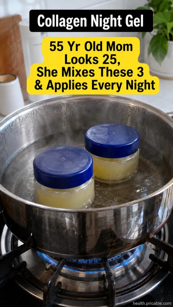 Two small glass jars containing a light yellow gel-like substance submerged in a stainless steel pot of boiling water on