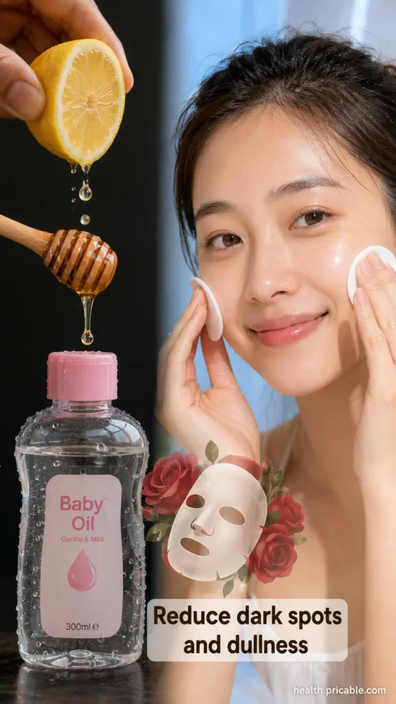 A hand squeezing a fresh lemon honey dripping from a dipper and a bottle of baby oil with a woman dabbing her cheek with