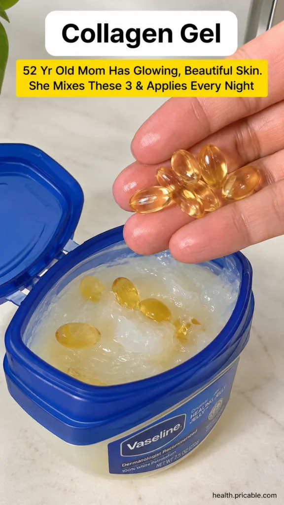A hand dropping golden transparent beauty oil capsules into an open tub of Vaseline petroleum jelly on a light counterto