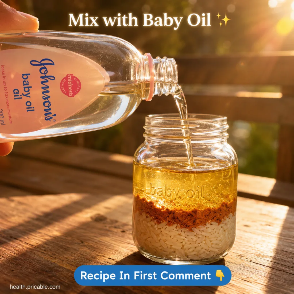 Ingredients for a DIY baby oil and rice mask including a bottle of Johnson s Baby Oil a bowl of rice flour and a small d