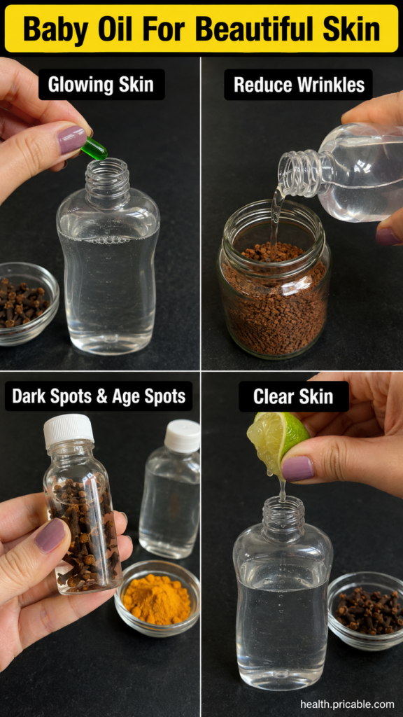 A visual infographic with four panels each showing hands mixing baby oil with natural ingredients for different skin ben