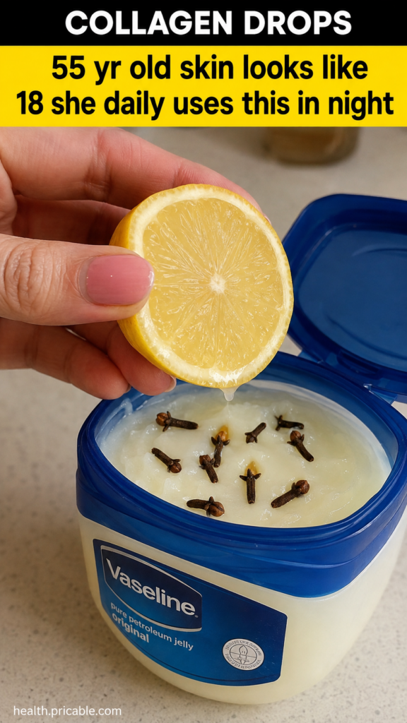 A hand squeezing half a lemon letting juice drip into an open jar of Vaseline with whole cloves scattered on the Vaselin