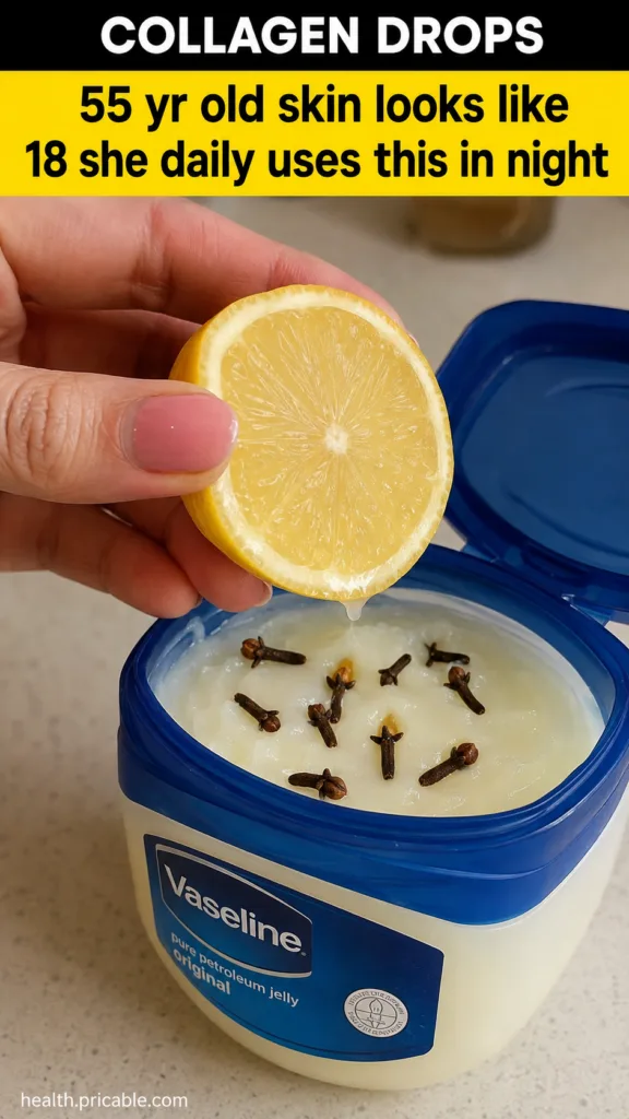 A hand squeezing half a lemon letting juice drip into an open jar of Vaseline with whole cloves scattered on the Vaselin