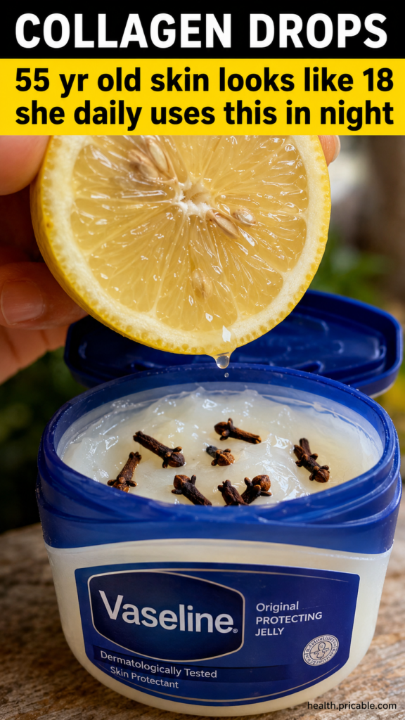 A close-up of a hand holding a sliced lemon with a drop of juice falling into an open jar of petroleum jelly where sever