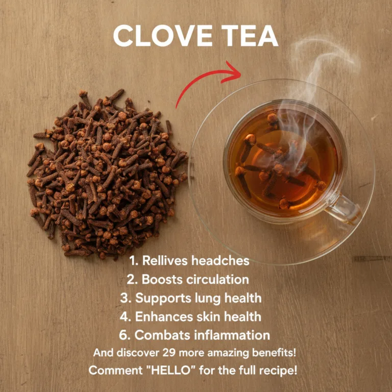 A cozy ceramic mug filled with steaming clove tea with a few whole cloves scattered around the mug on a rustic wooden su