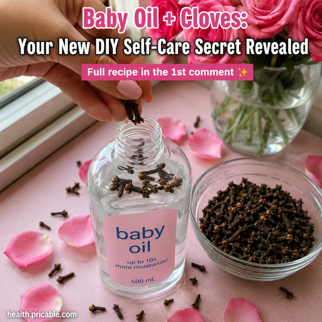 A bottle of baby oil next to a small pile of whole cloves and a small glass jar ready for infusion