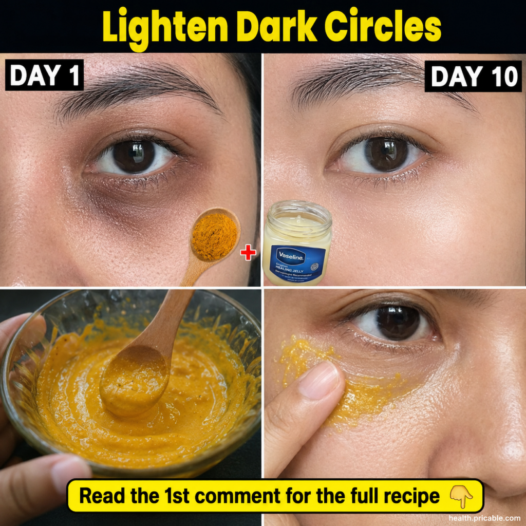 A small bowl with a yellow turmeric and Vaseline paste a finger dipping into it with bright under-eyes in the background