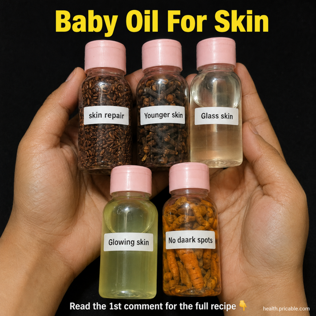 A woman gently massaging baby oil onto her face showcasing soft glowing skin Her eyes are closed in contentment