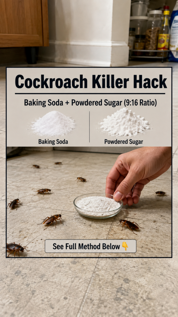 A human hand holding a clear glass dish filled with a white powder mixture of baking soda and powdered sugar surrounded
