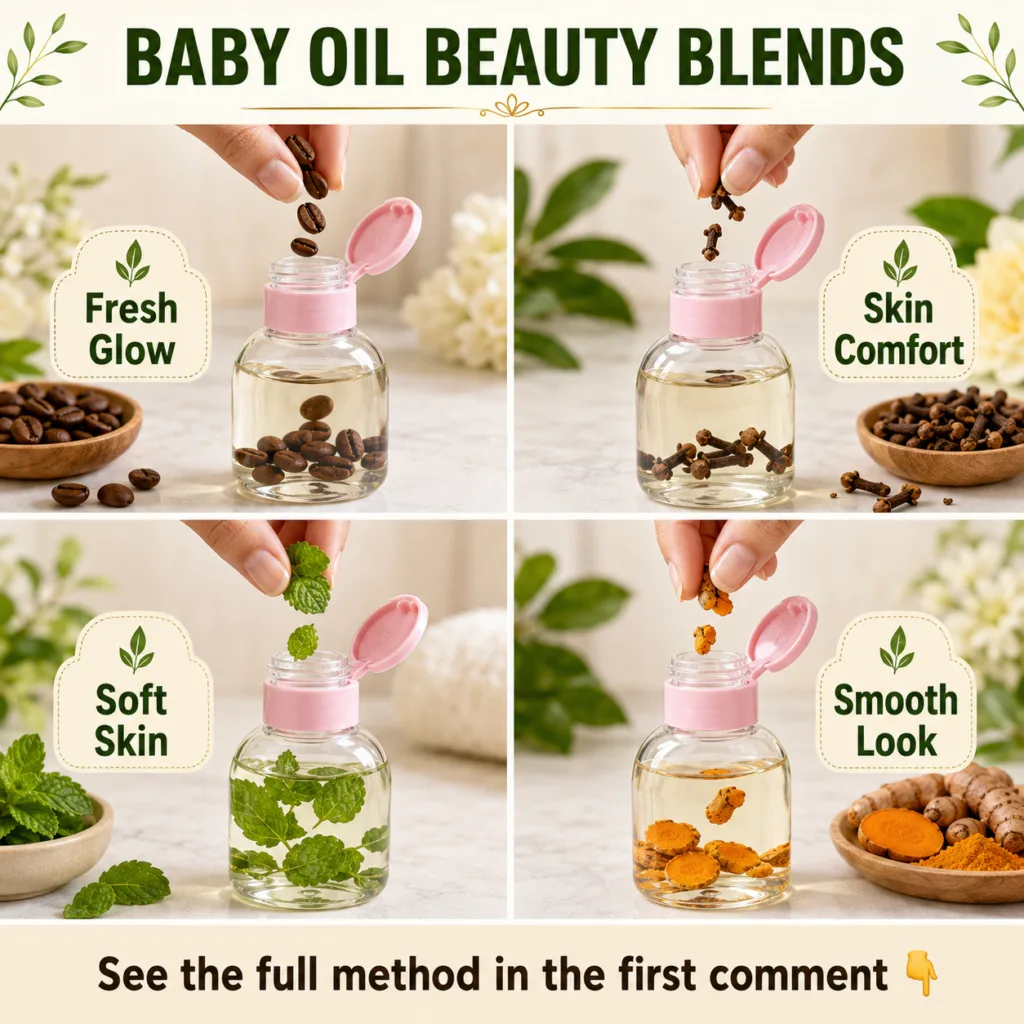 A clear well-lit flat lay of a bottle of baby oil surrounded by small bowls containing natural ingredients like coffee g