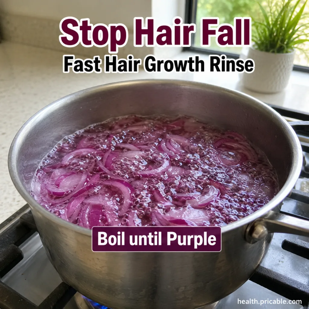 A close-up shot of a halved red onion next to a bowl of freshly prepared red onion juice or a light pink liquid suggesti