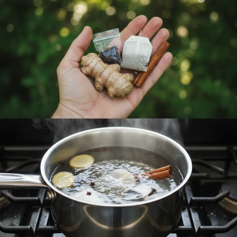 A cozy arrangement of ginger root whole cloves cinnamon sticks and a teabag suggesting a warm aromatic herbal blend