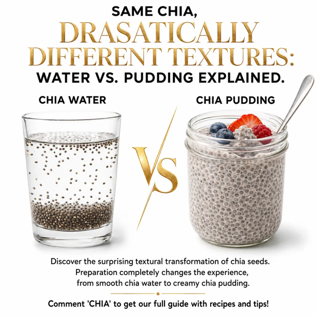 A side-by-side comparison of chia water in a clear glass and chia pudding in a small bowl The chia water shows seeds sus